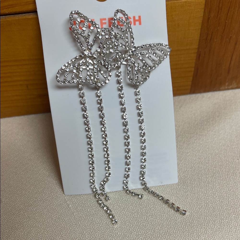 Joe Fresh Silver Rhinestone Butterfly Drop Earrings - Picture 8 of 8